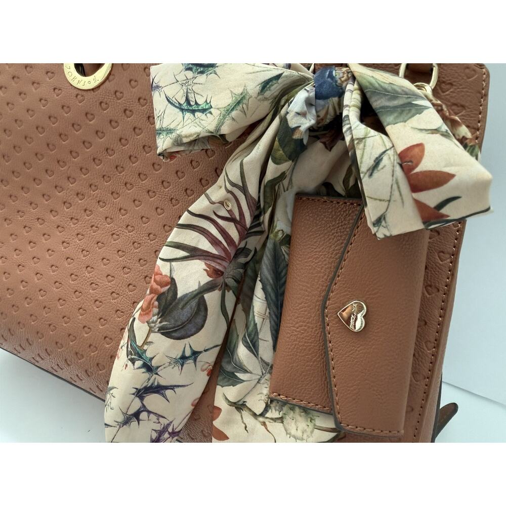 Betsy Johnson Medium Brown Heart Imprinted Tote Bag With Coin Pouch & Scarf - Picture 5 of 7